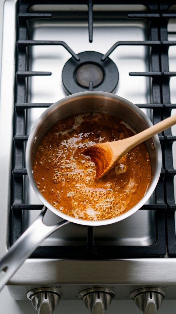 A saucepan on the stove with glaze bubbling and thickening while being stirred