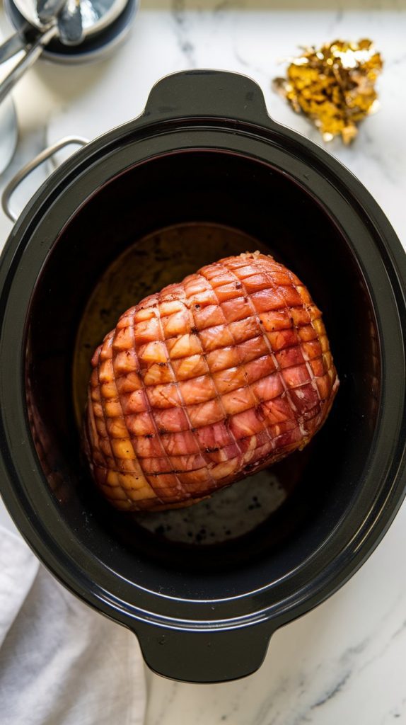 A bone-in ham placed inside a large crockpot