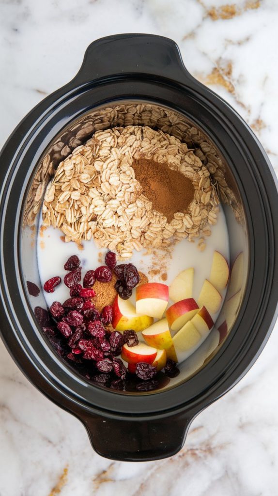 ingredients being added to a small crockpot: oats, milk, diced apple, dried cranberries, cinnamon