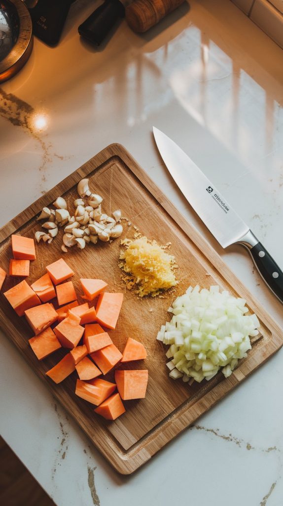 diced sweet potatoes, minced garlic, grated ginger, and a chopped yellow onion