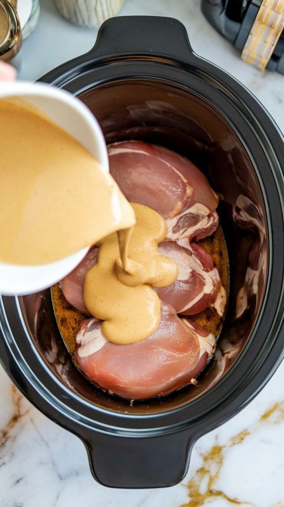 creamy sauce being poured over raw chicken breasts in a crockpot