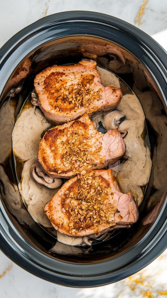 golden-browned pork chops layered in a crockpot (or raw pork chops if skipping searing) with French onion soup