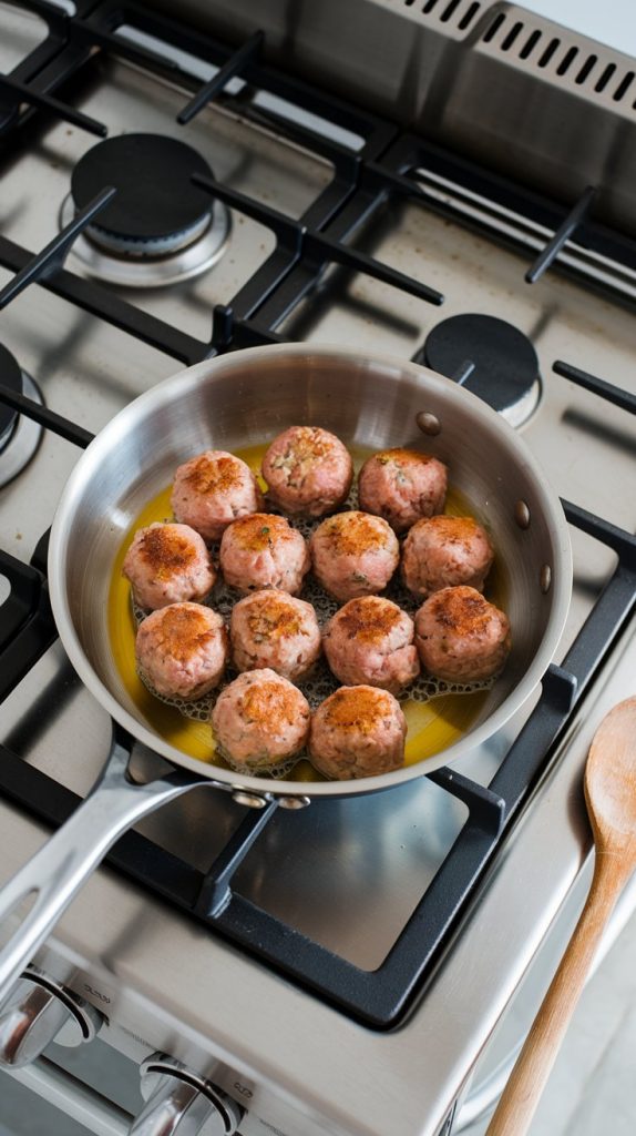 Top-down view of meatballs browning in a stainless steel skillet with olive oil