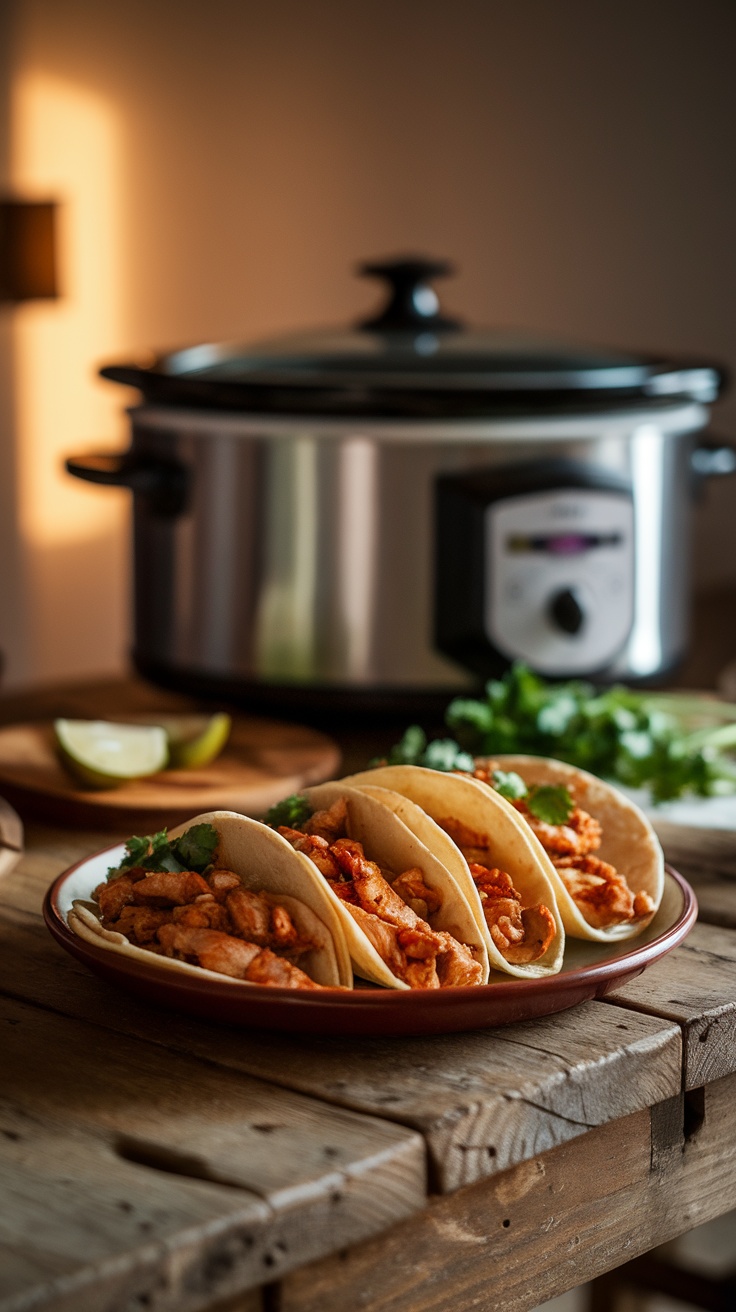 Delicious Adobo Crockpot Chicken Tacos on a plate with a crockpot in the background.