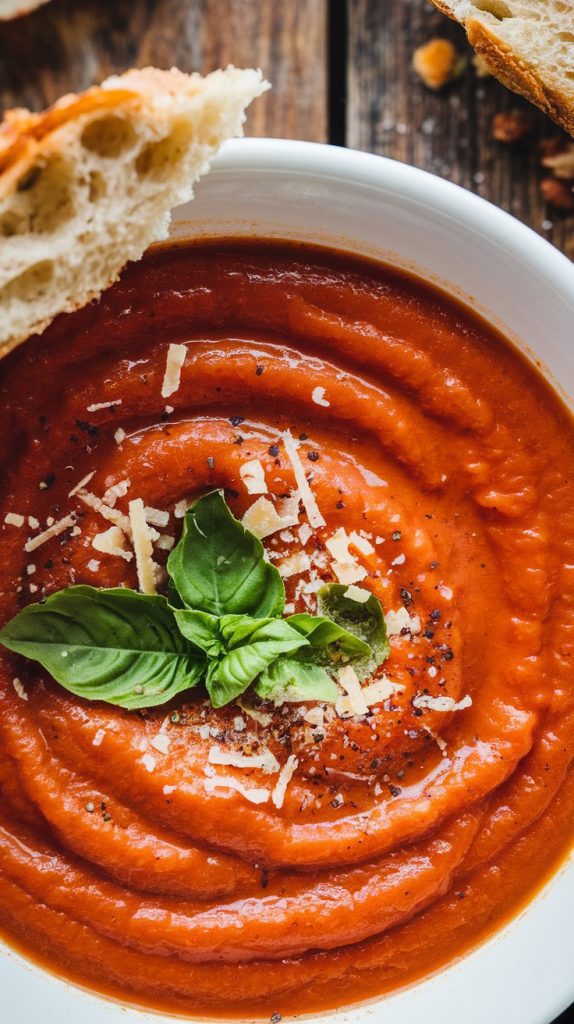 a bowl of creamy tomato basil soup garnished with fresh basil and Parmesan