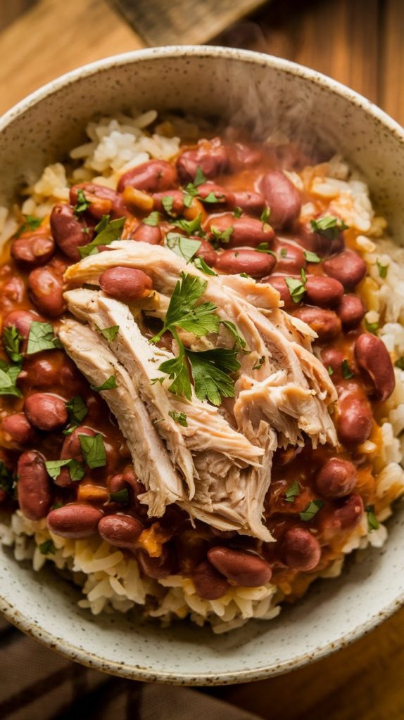 A steaming bowl of red beans and rice topped with shredded chicken, garnished with parsley