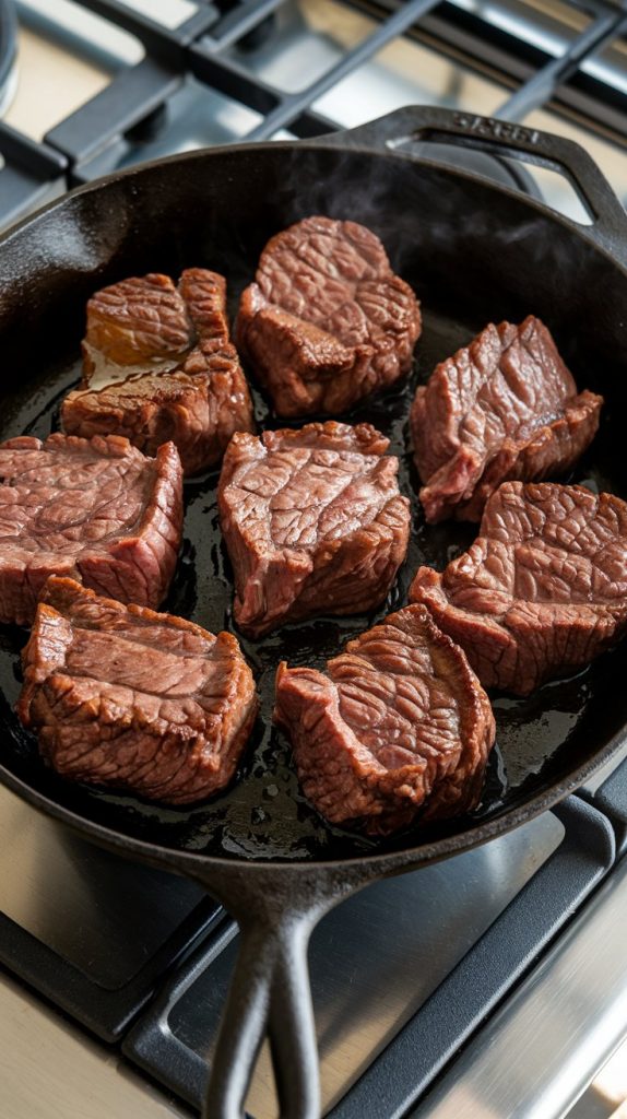 Chunks of beef searing in a cast iron skillet with olive oil