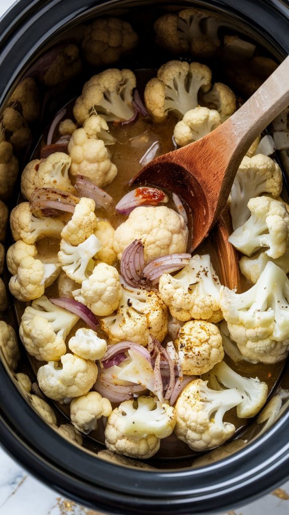 All ingredients (cauliflower florets, sautéed onions, broth, spices) added to a crockpot and stirred