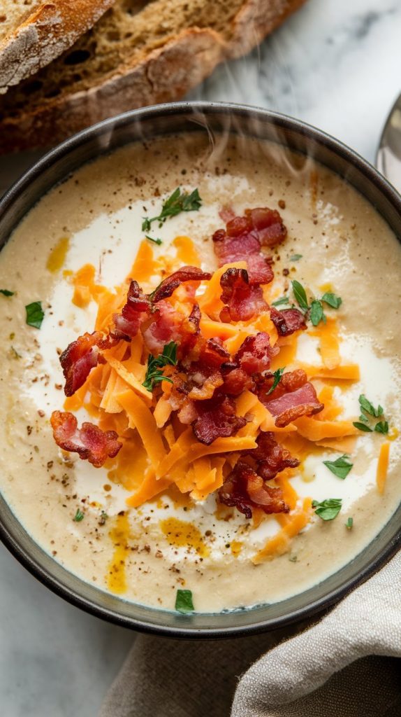 a steaming bowl of creamy cauliflower soup, topped with crispy bacon bits, shredded cheddar, and fresh parsley