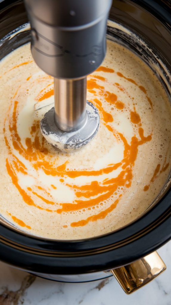 Immersion blender inside the crockpot, blending the soup into a creamy texture