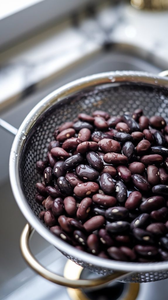 A colander of soaked and rinsed black beans, draining in the sink