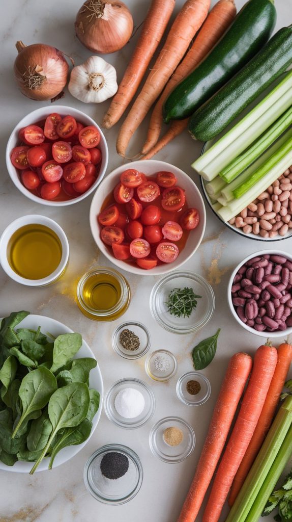 A collection of fresh vegetables (onion, garlic, carrots, celery, zucchini, and green beans), canned diced tomatoes