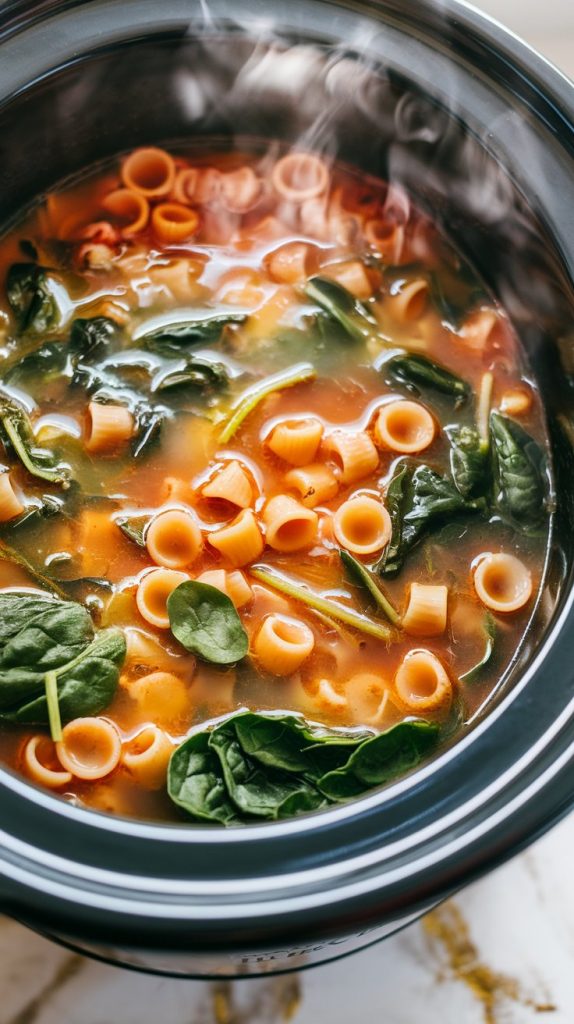 A crockpot with bubbling minestrone soup, pasta and fresh baby spinach just stirred in