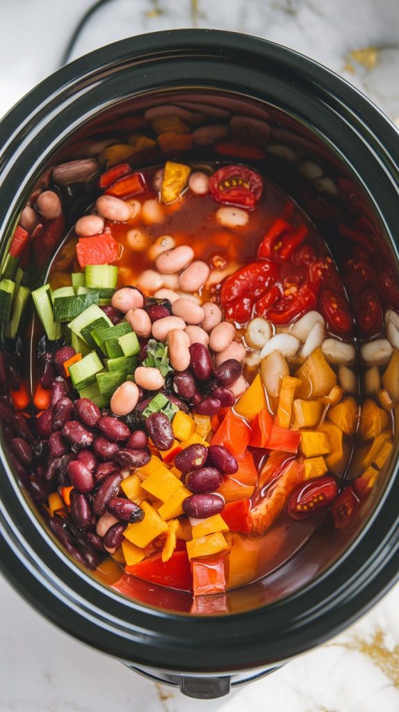 A crockpot filled with fresh chopped vegetables, beans, diced tomatoes, and broth