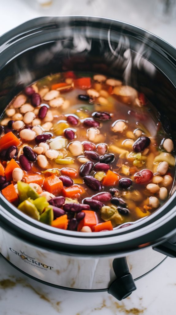 A crockpot in the cooking process, showing a mix of colorful vegetables, beans, and broth simmering together