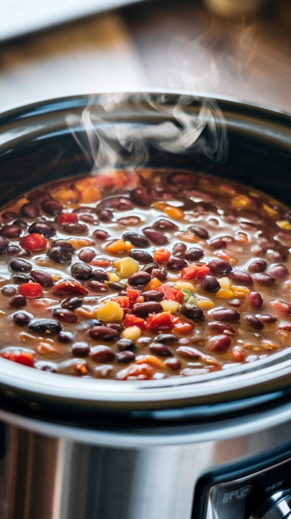 A Crockpot set to low, with steam lightly rising from the black bean soup as it cooks