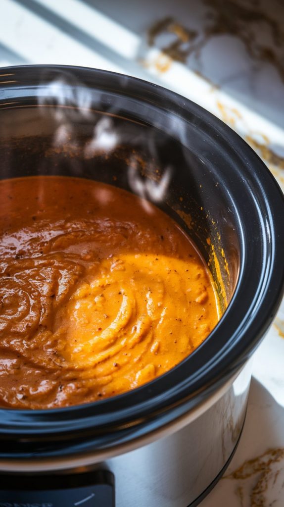 a crockpot with the soup cooking, with steam slightly visible and the rich orange soup thickening