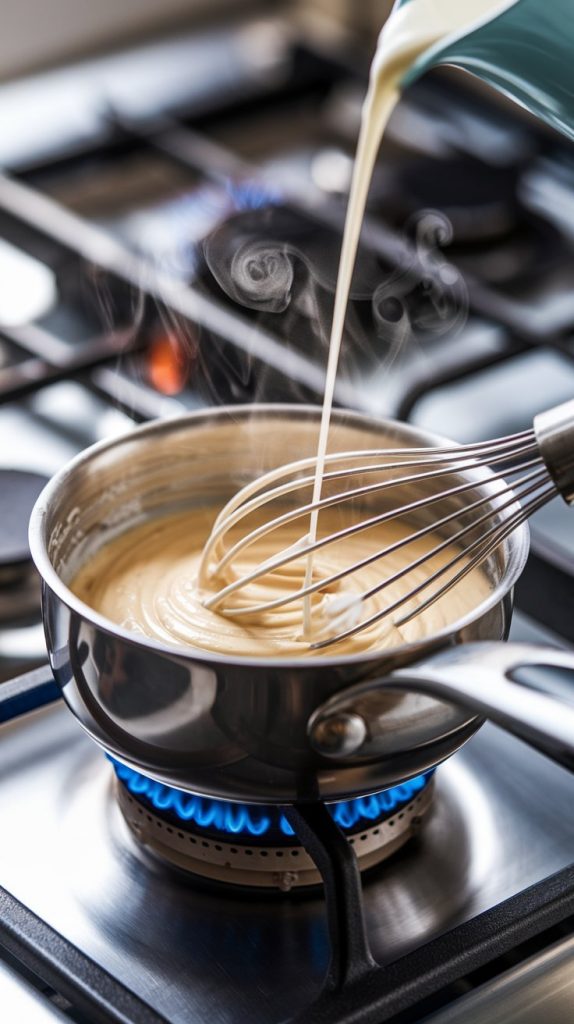 A small saucepan on the stove with butter and flour whisked into a roux