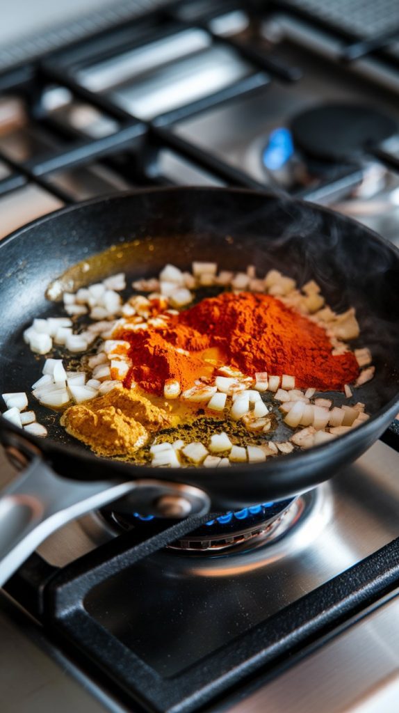 a small skillet with diced onion sautéing in olive oil, garlic, and spices