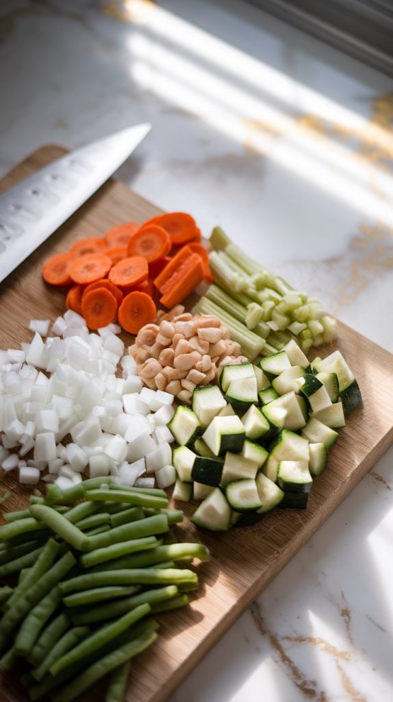 Freshly diced onion, minced garlic, sliced carrots and celery, diced zucchini