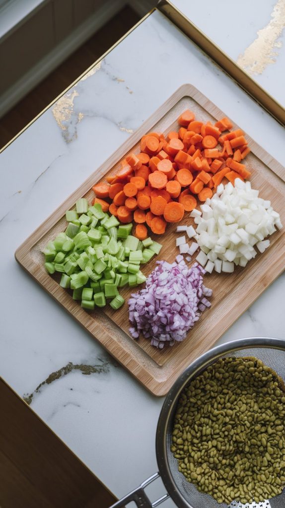 Chopped carrots, celery, onion, and garlic on a wooden cutting board next to rinsed split peas in a strainer