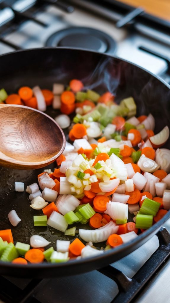 Diced onions, carrots, celery, and minced garlic sautéing in a skillet