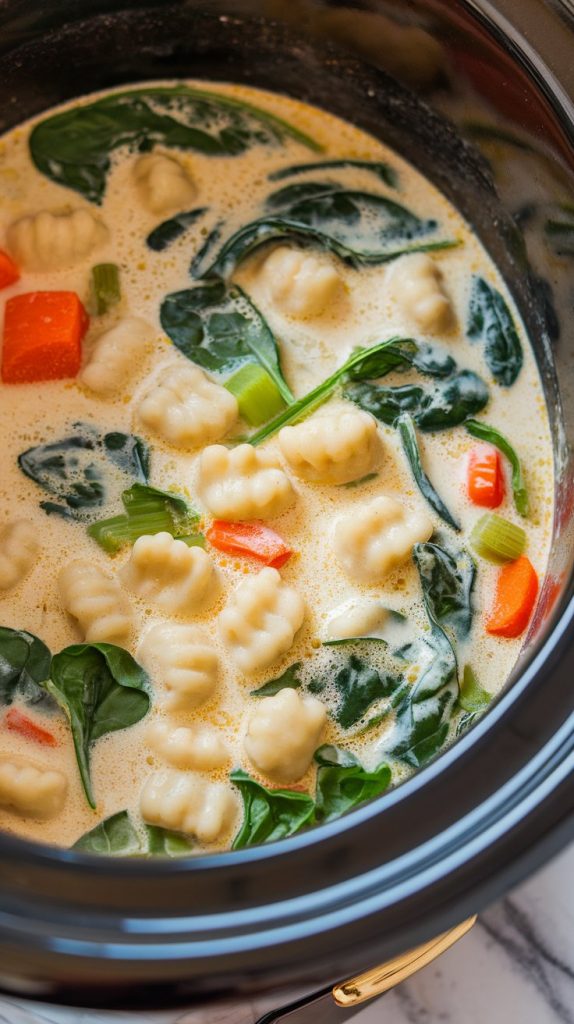 Fresh spinach being stirred into the creamy soup in the crockpot