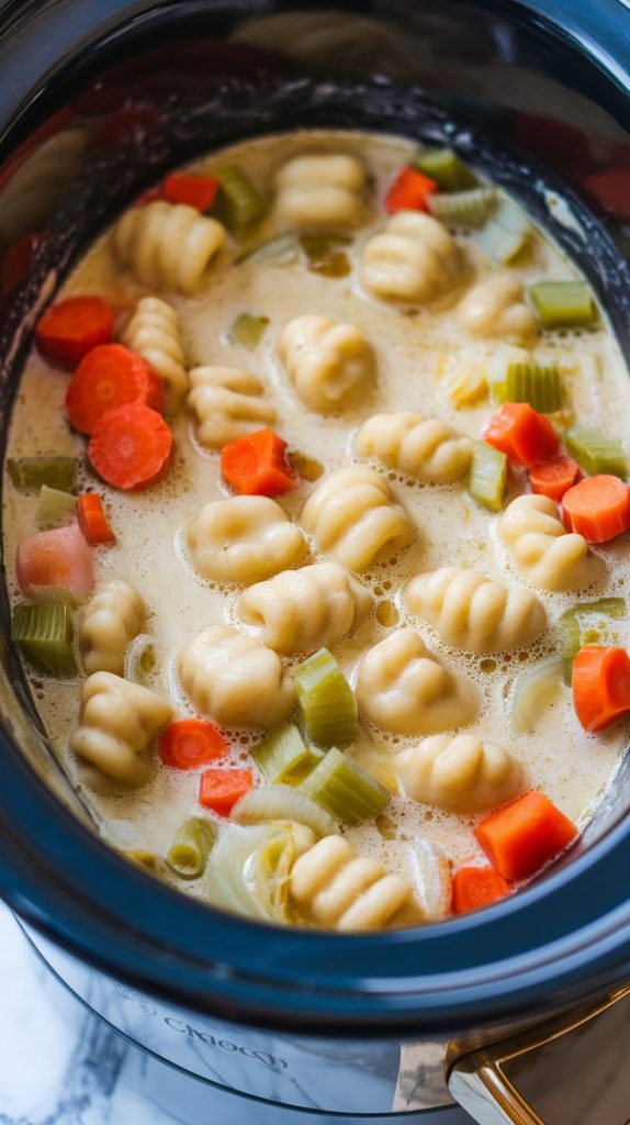 gnocchi floating in the creamy soup inside the crockpot