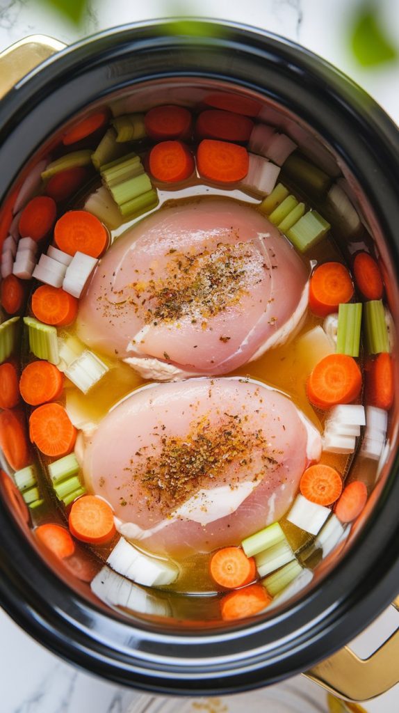 the crockpot filled with raw chicken, diced carrots, celery, onion, minced garlic