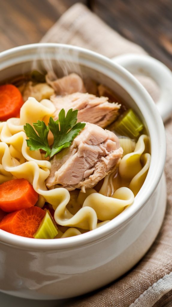 A steaming bowl of homemade chicken noodle soup with tender chicken, perfectly cooked egg noodles, diced carrots