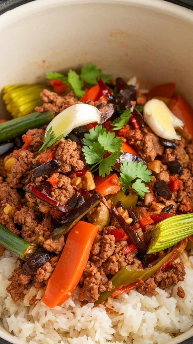 Asian ground beef dish with colorful vegetables and rice in a crockpot