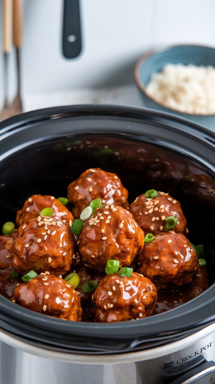 A close-up of Asian style crockpot meatballs in a black slow cooker, drizzled in sauce and garnished with sesame seeds and green onions.