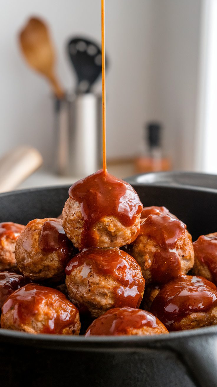 A pile of BBQ meatballs with sauce drizzled on top