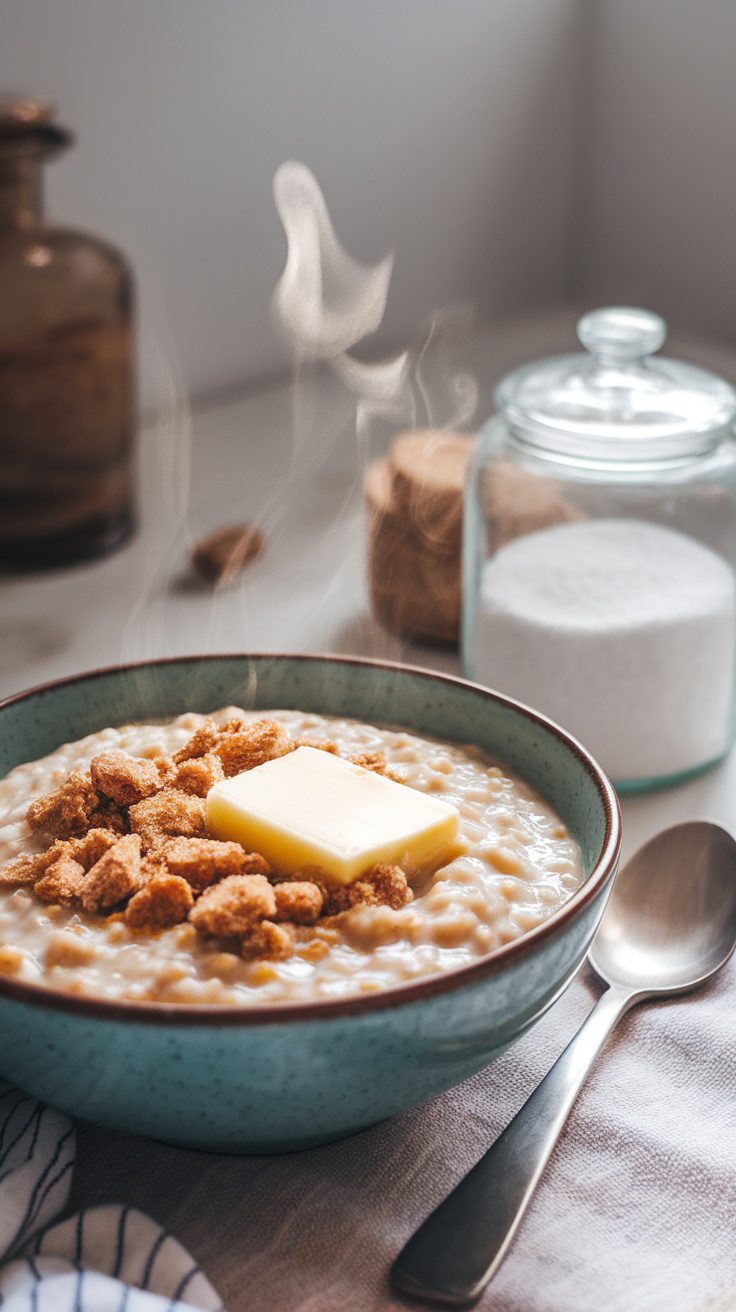 A bowl of creamy brown sugar oatmeal topped with butter and crunchy bits, with jars of sugar in the background.