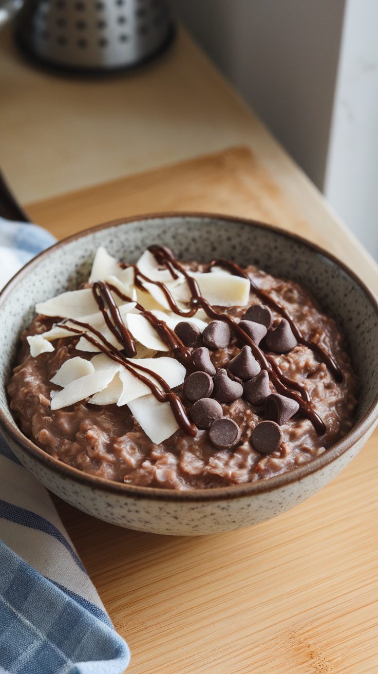 Bowl of chocolate coconut crockpot oatmeal topped with chocolate chips and coconut flakes.