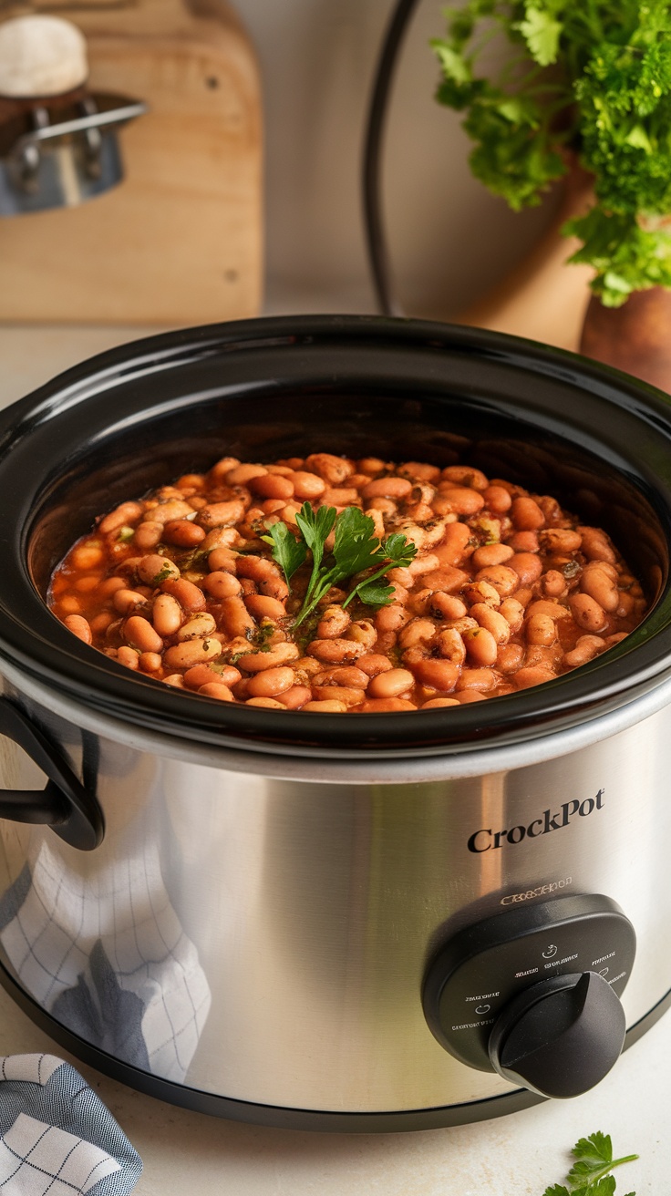 A pot of classic crockpot pinto beans with fresh parsley garnish.