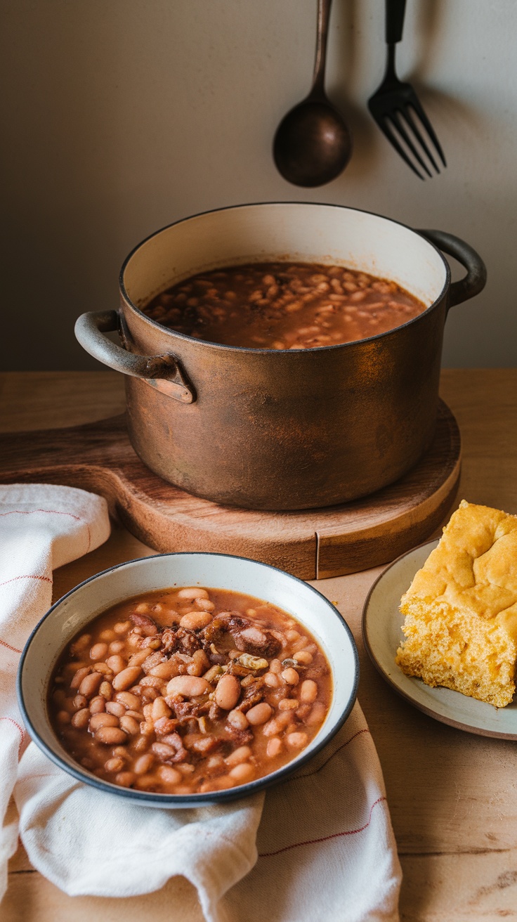 A bowl of classic pinto beans cooked in a rustic pot, served with cornbread.