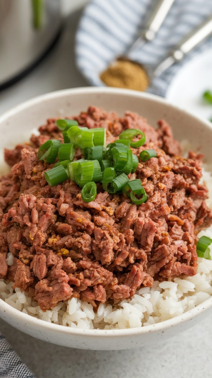 Bowl of ground beef served over rice, topped with green onions.