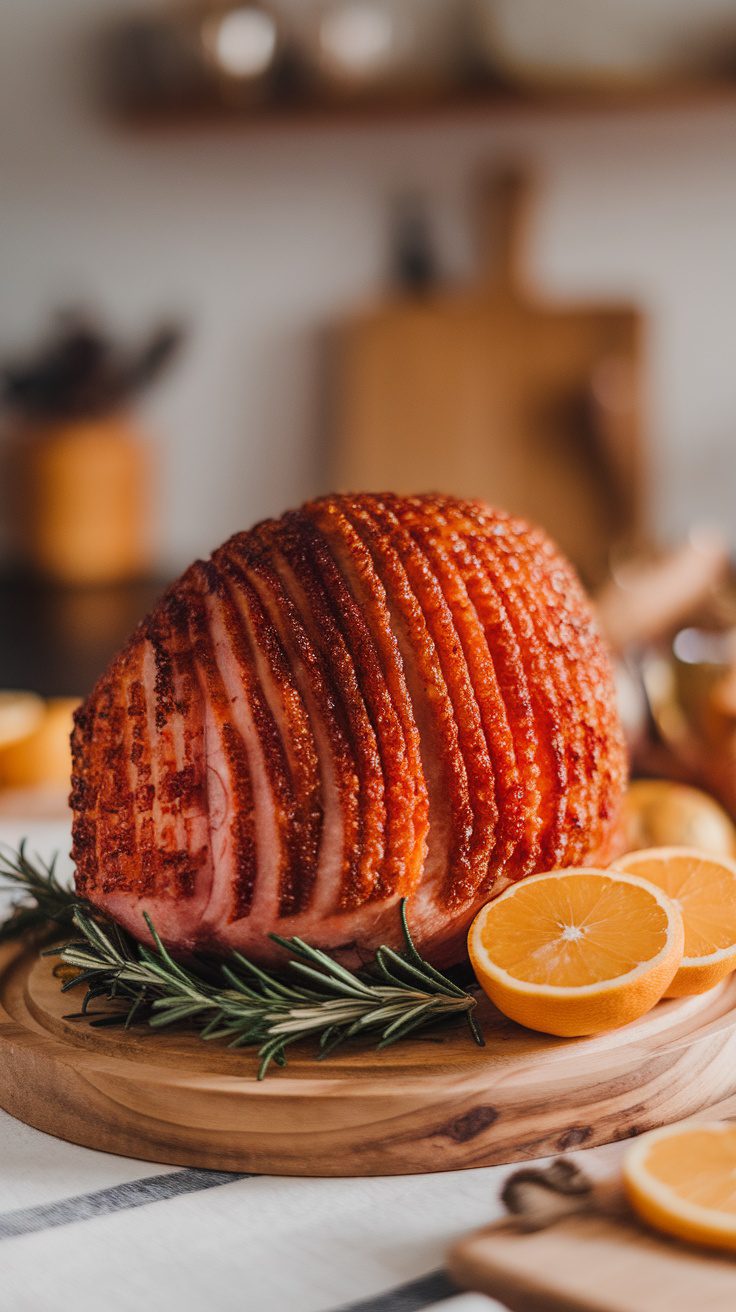 A beautifully glazed ham on a wooden platter, decorated with fresh rosemary and orange slices.