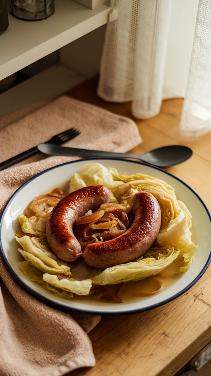 A cozy plate of sausage and cabbage served with onions