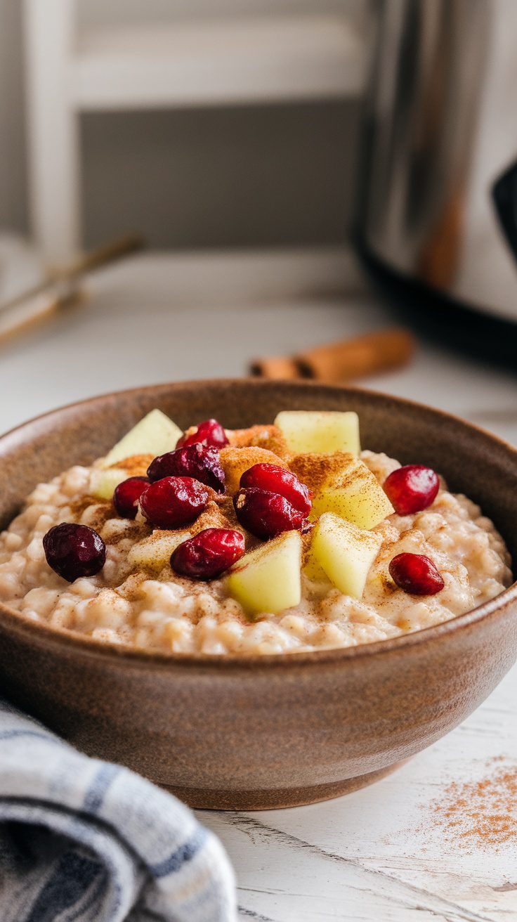 A bowl of cranberry apple crockpot oatmeal topped with cranberries and apple pieces.