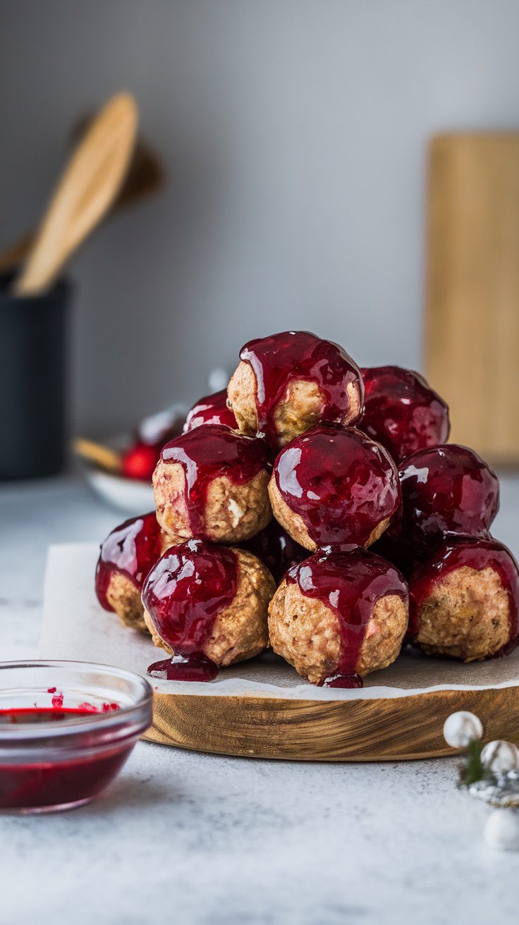 A stack of cranberry glazed meatballs on a wooden platter with a small bowl of cranberry sauce.