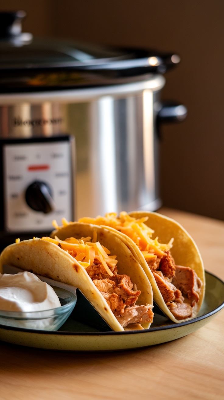 Three tacos filled with shredded chicken and cheese next to a crockpot