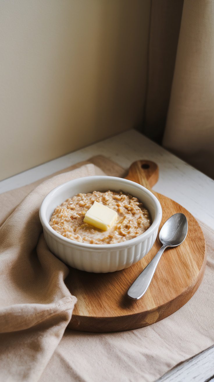 A bowl of creamy oatmeal with a pat of butter on top, placed on a wooden cutting board.