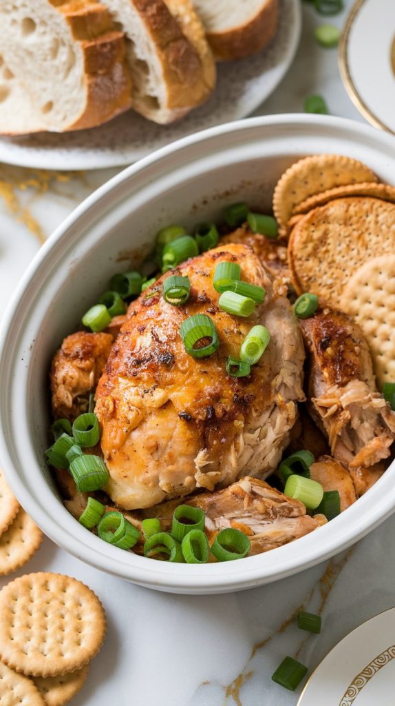 Crockpot crack chicken served in a white ceramic dish, garnished with fresh green onions