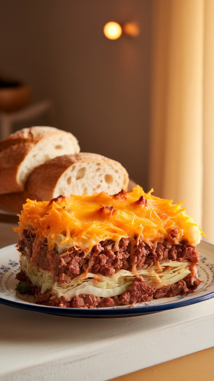 A slice of baked cabbage and beef with melted cheese on top, served with slices of bread.