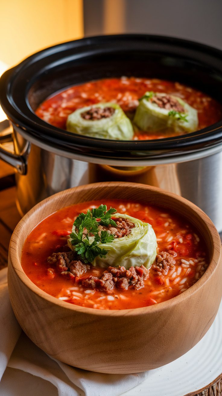 A bowl of crockpot cabbage roll soup with a cabbage roll on top, garnished with parsley