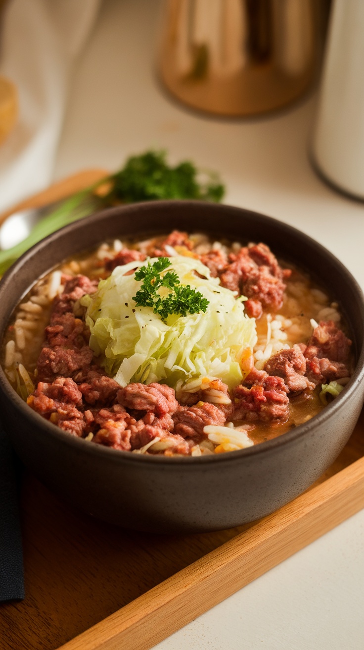 A bowl of Crockpot Cabbage Roll Soup with ground meat, cabbage, and rice, garnished with parsley.