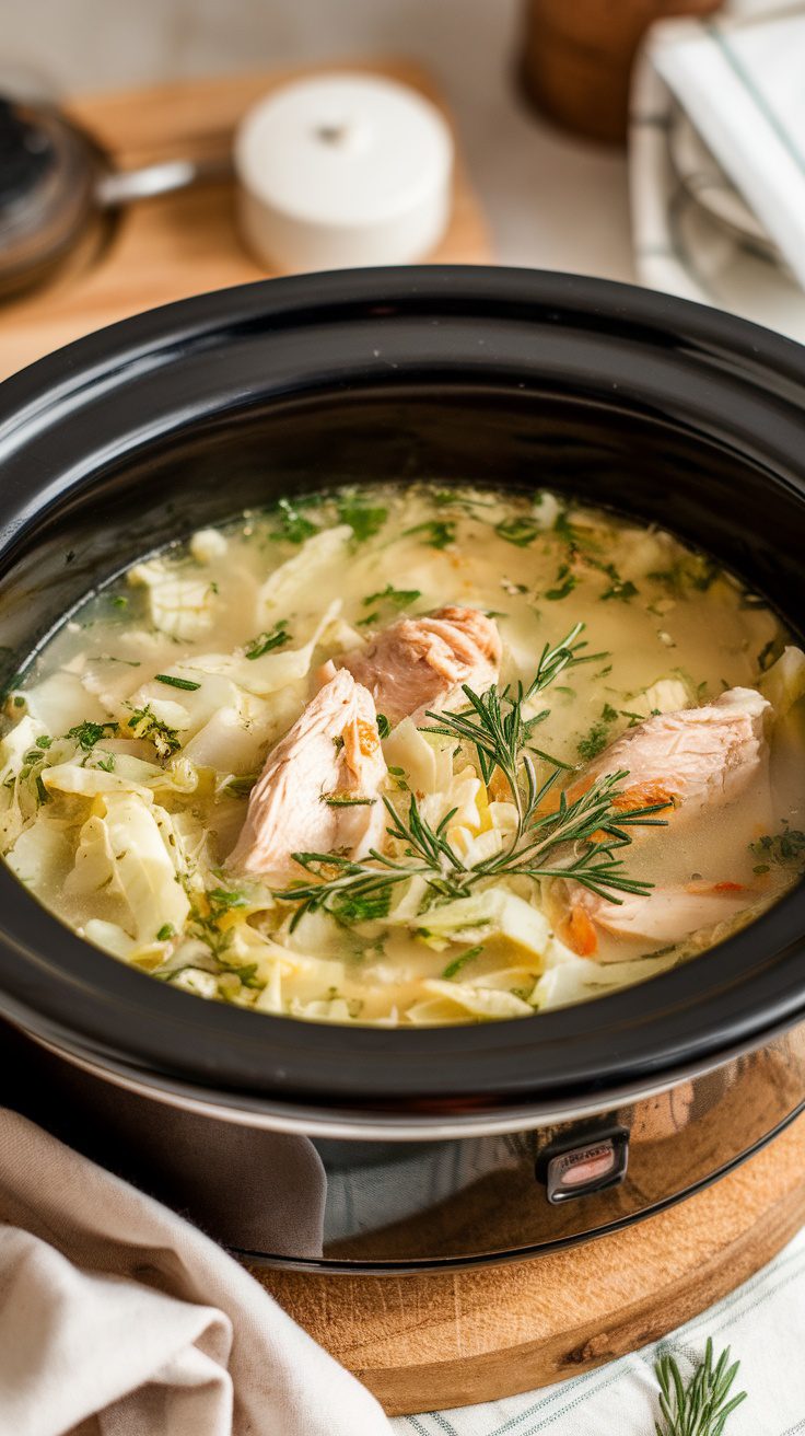 A warm and inviting bowl of crockpot chicken cabbage soup, with tender chicken and vibrant cabbage.