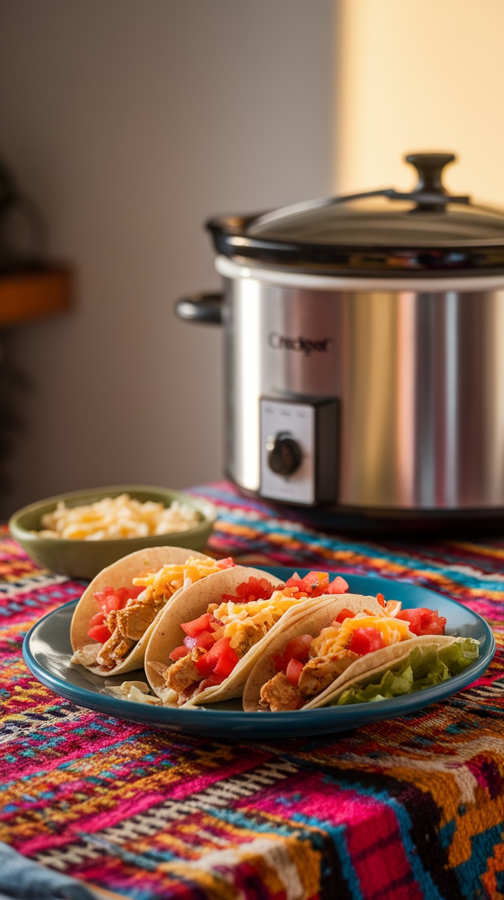 A plate of crockpot chicken tacos with diced tomatoes, cheese, and lettuce, with a slow cooker in the background.